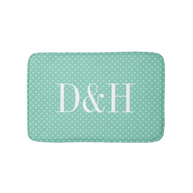Custom mint polkadots pattern monogrammed bath mat (Front)