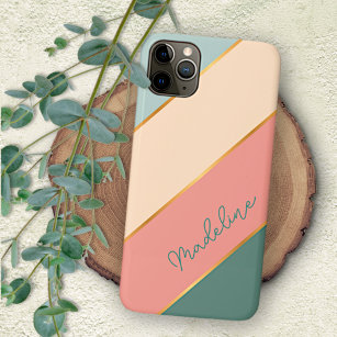 Custom Mint Teal Green Peach Blush Pink Stripes Case-Mate iPhone Case