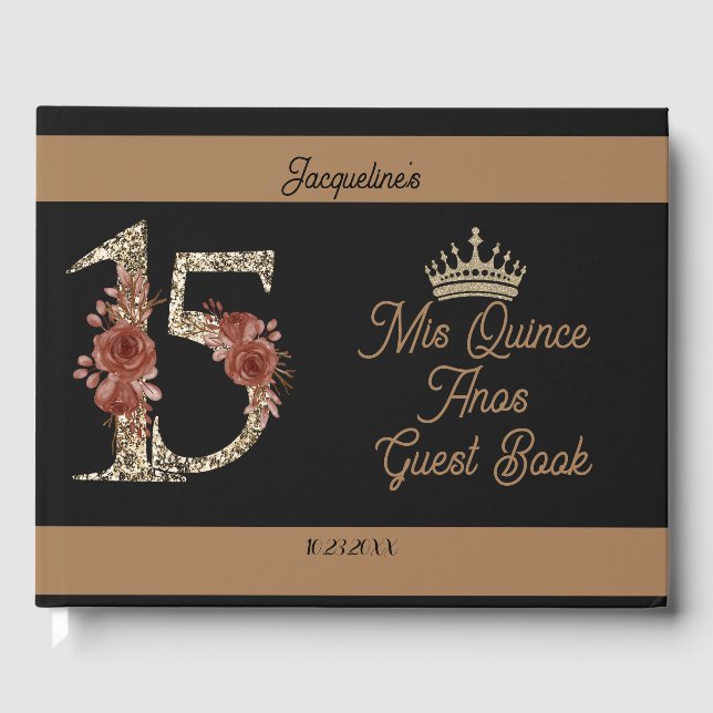 Custom Mis Quince Anos Black Floral Number Design Guest Book (Front)
