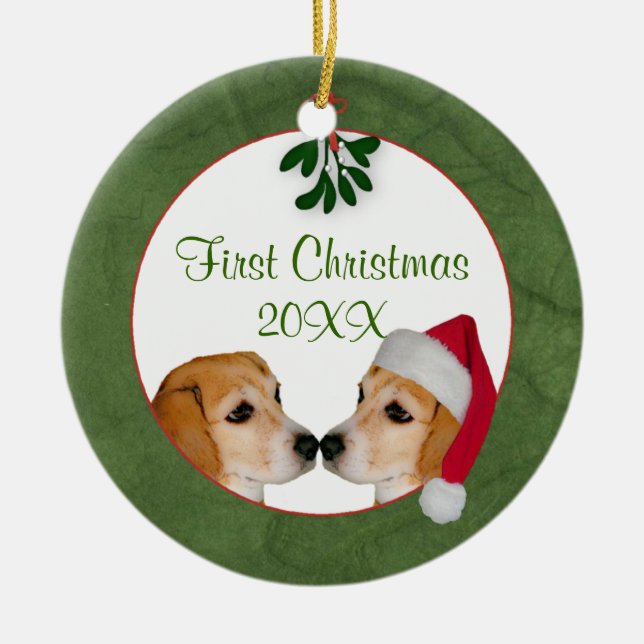 Custom Mistletoe Kiss First Christmas Ornament (Front)