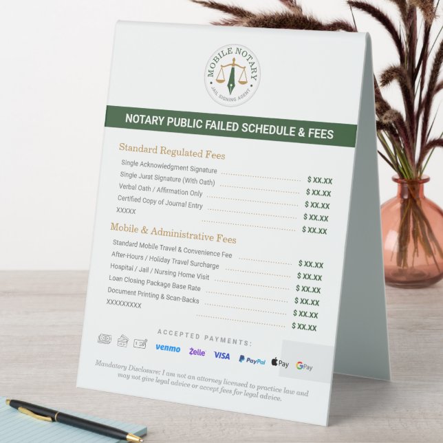 Custom Mobile Notary Fee Schedule Price List Green (In SItu (Table))