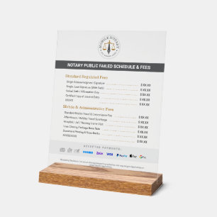 Custom Mobile Notary Fee Schedule Price List Grey Acrylic Sign