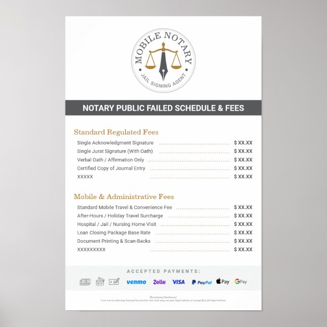 Custom Mobile Notary Fee Schedule Price List Grey Poster (Front)