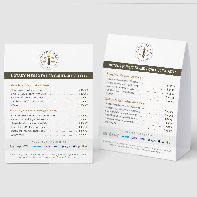 Custom Mobile Notary Fee Schedule Price List Khaki (Front/Back)