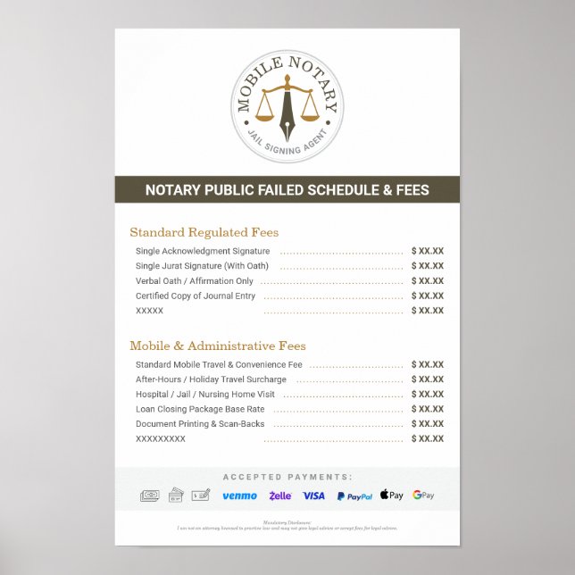 Custom Mobile Notary Fee Schedule Price List Khaki Poster (Front)