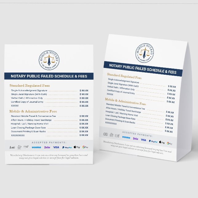 Custom Mobile Notary Fee Schedule Price List Navy (Front/Back)