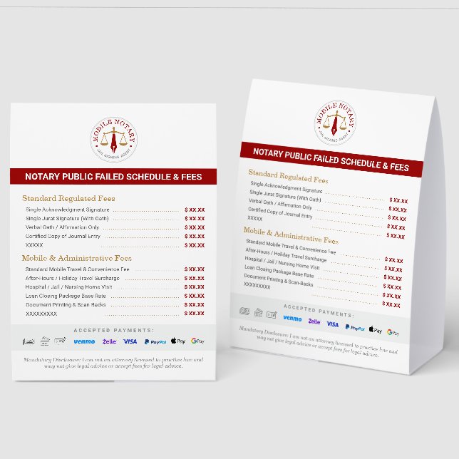 Custom Mobile Notary Fee Schedule Price List Red (Front/Back)