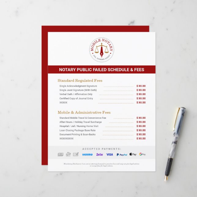 Custom Mobile Notary Fee Schedule Price List Red (Front/Back In Situ)