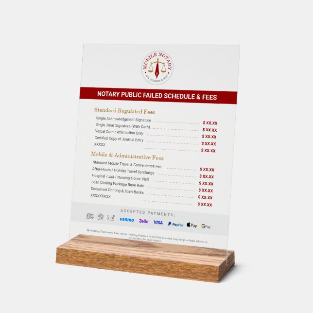 Custom Mobile Notary Fee Schedule Price List Red Acrylic Sign (Angle)