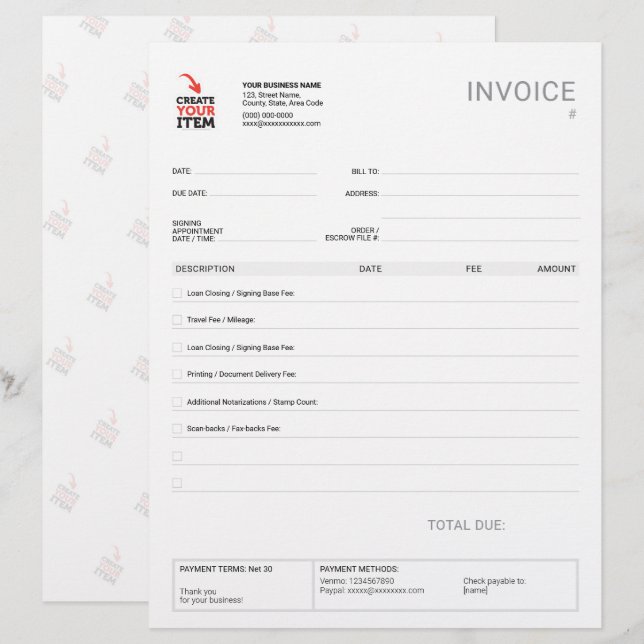 Custom Mobile Notary Invoice Template Checklist Letterhead (Front/Back)