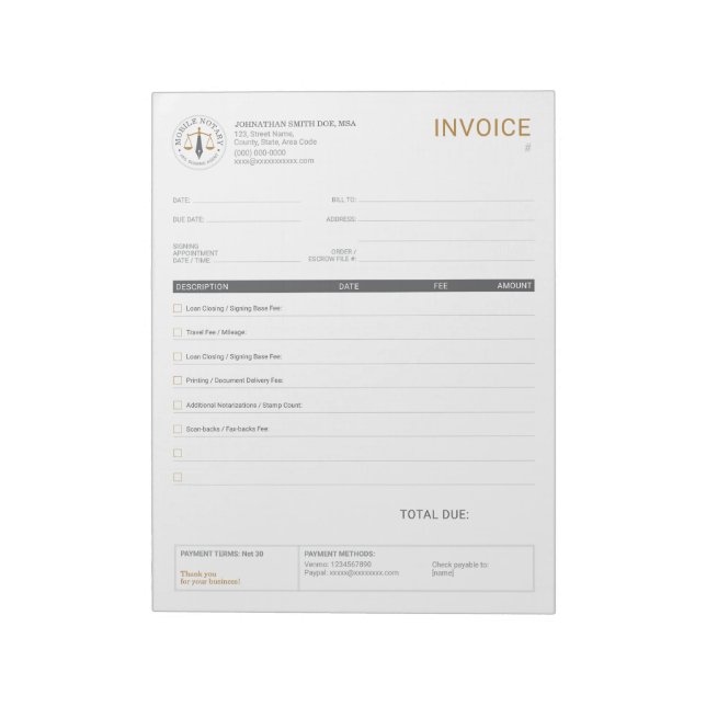 Custom Mobile Notary Legal Signing invoice Grey Notepad (Rotated)