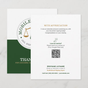 Custom Mobile Notary Legal Signing QR Green Gold Thank You Card