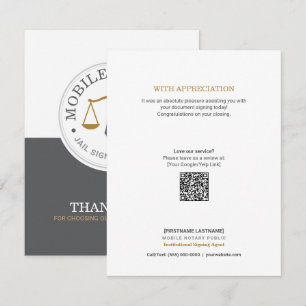 Custom Mobile Notary Legal Signing QR Grey Gold Thank You Card