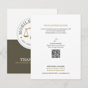 Custom Mobile Notary Legal Signing QR Khaki Gold Thank You Card