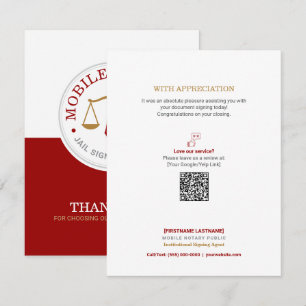 Custom Mobile Notary Legal Signing QR Red Gold Thank You Card