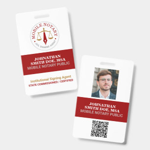 Custom Mobile Notary Legal Signing Red Gold QR ID Badge