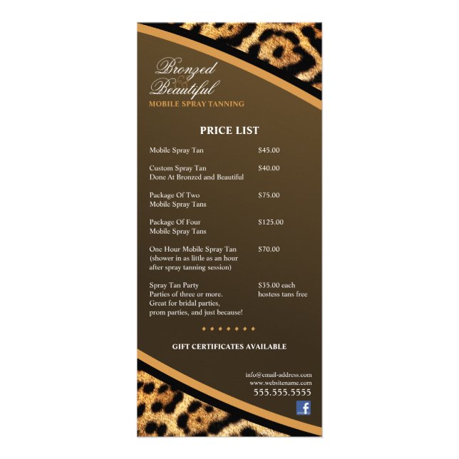 CUSTOM Mobile Spray Tanning Price List Rack Card (Front)