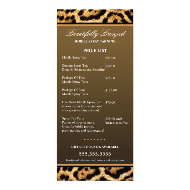 CUSTOM Mobile Spray Tanning Price List Rack Card (Front)