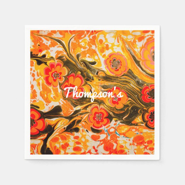 Custom Mod Mid Century Orange Flowers Yellow Brown Napkin (Front)
