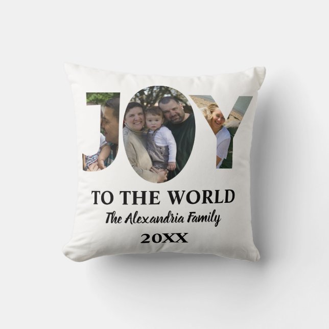 Custom modern 3 photo collage joy to the world cushion (Front)