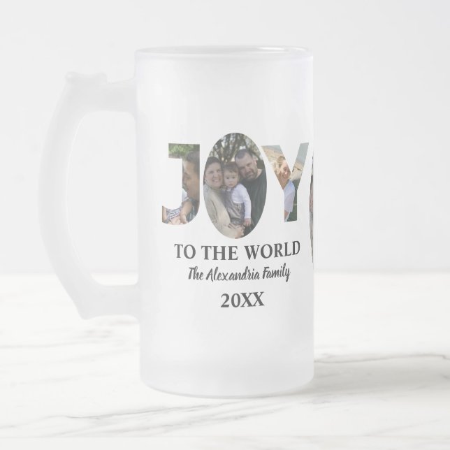 Custom modern 3 photo collage joy to the world frosted glass beer mug (Left)