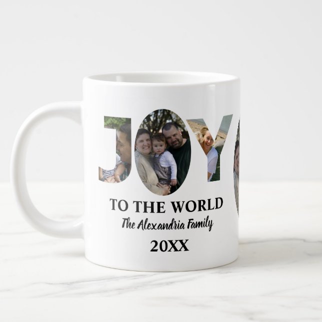 Custom modern 3 photo collage joy to the world large coffee mug (Left)