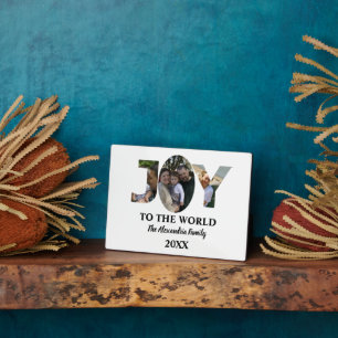 Custom modern 3 photo collage joy to the world plaque