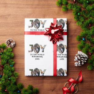 Custom modern 3 photo collage joy to the world wrapping paper