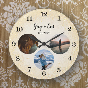 Custom Modern 3 Photo Collage Newly Weds Gold Large Clock