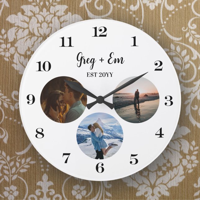 Custom Modern 3 Photo Collage Newly Weds  Large Clock (Creator Uploaded)