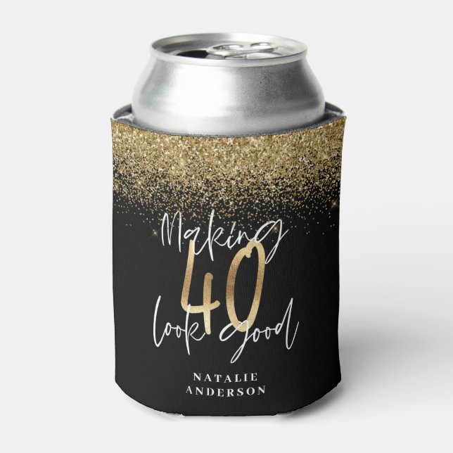Custom modern 40th birthday black and gold chic can cooler (Can Front)