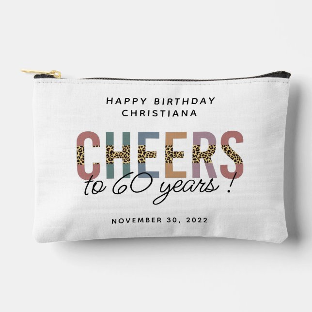 Custom Modern 60th Birthday Leopard Typography Accessory Pouch (Front)