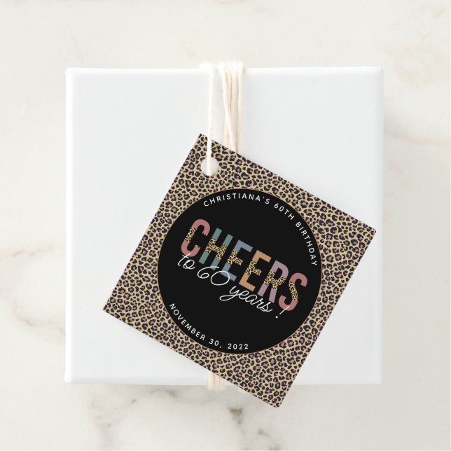 Custom Modern 60th Birthday Party Leopard Print Favour Tags (In Situ)