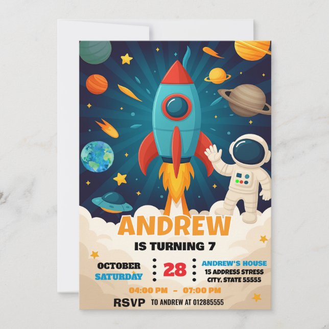 Custom Modern Astronaut Outer Space Birthday Invitation (Front)