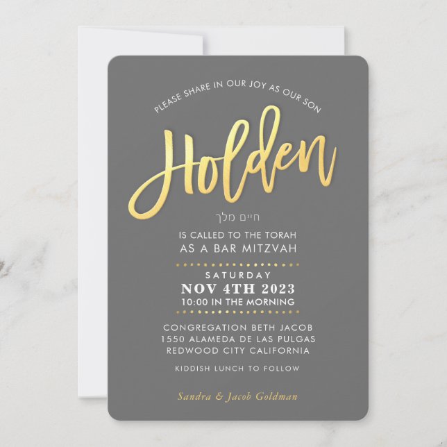CUSTOM modern Bar Mitzvah grey faux gold HOLDEN Invitation (Front)