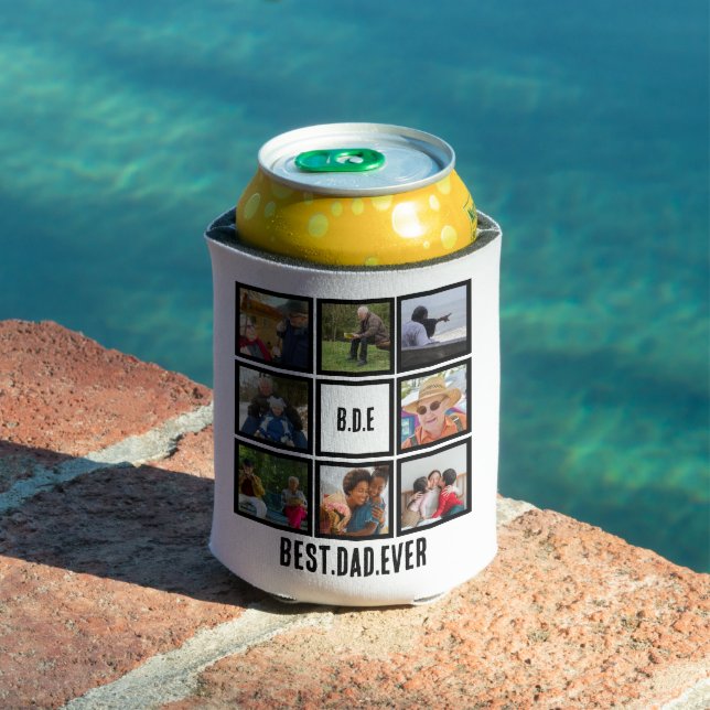 Custom Modern BDE Best Dad Ever 8 Photo Collage Can Cooler (In Situ Pool)