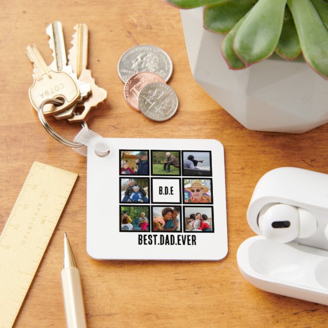 Custom Modern BDE Best Dad Ever 8 Photo Collage Key Ring (Desk)