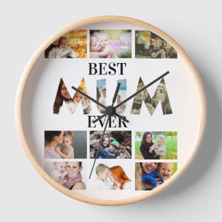 Custom Modern Best Mum Ever 12 Photo Collage Clock