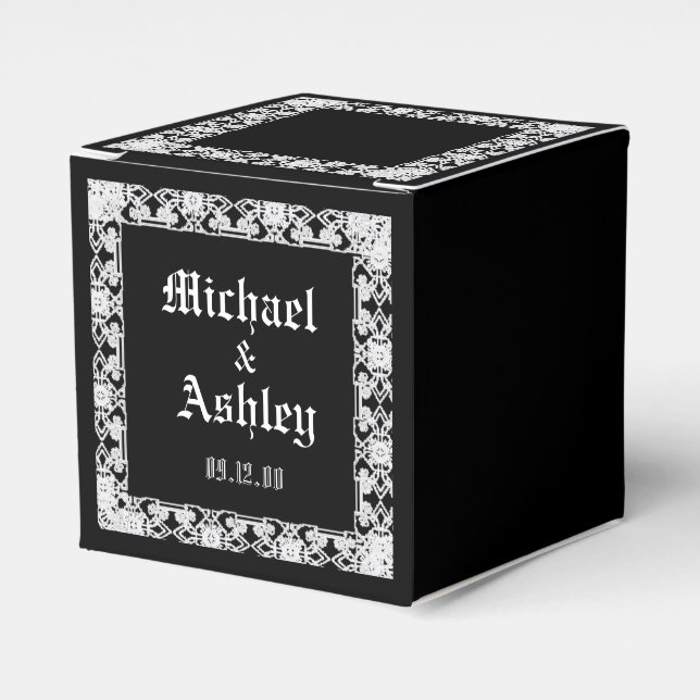 Custom Modern Black And White Lace Monogram Favour Box (Front Side)