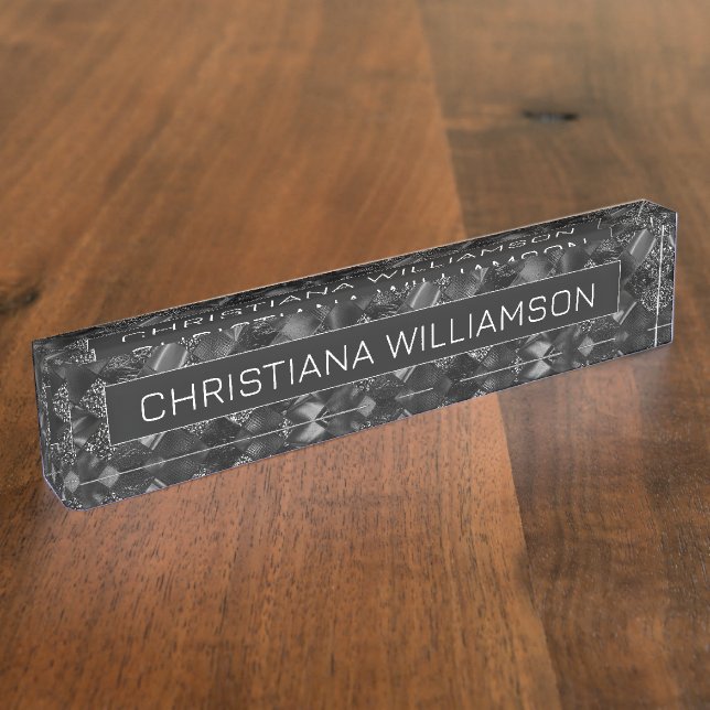 Custom Modern Black Faux Glitter Pattern Nameplate (Side)