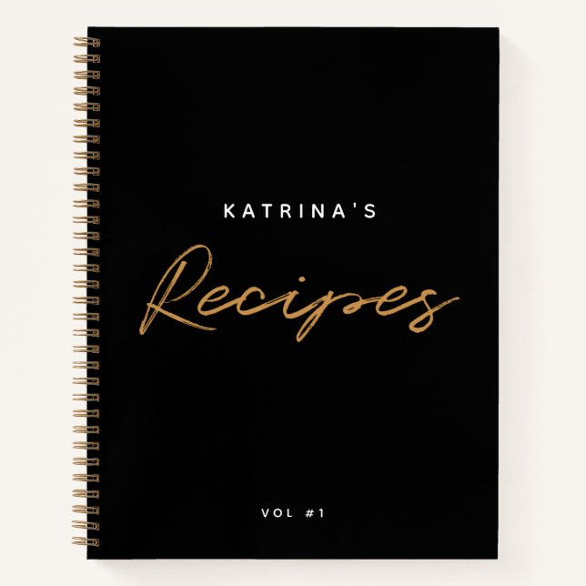 Custom Modern Black Gold Minimalist Script Recipe Notebook (Front)