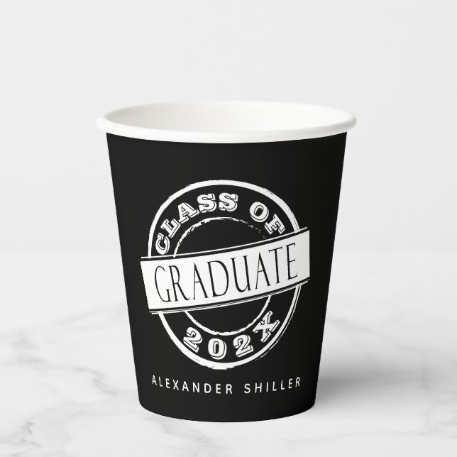 Custom Modern Black Graduation Paper Cups (Front)