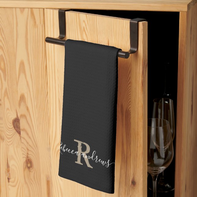 Custom Modern Black Monogram Script Initial Name Tea Towel (Thirds Fold)