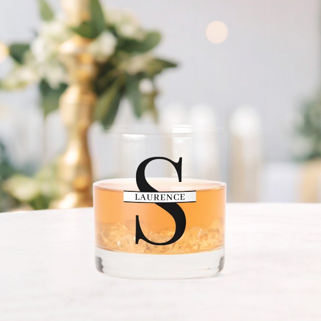 Custom Modern Black Name On White Banner Whiskey Glass (Insitu (Wedding))