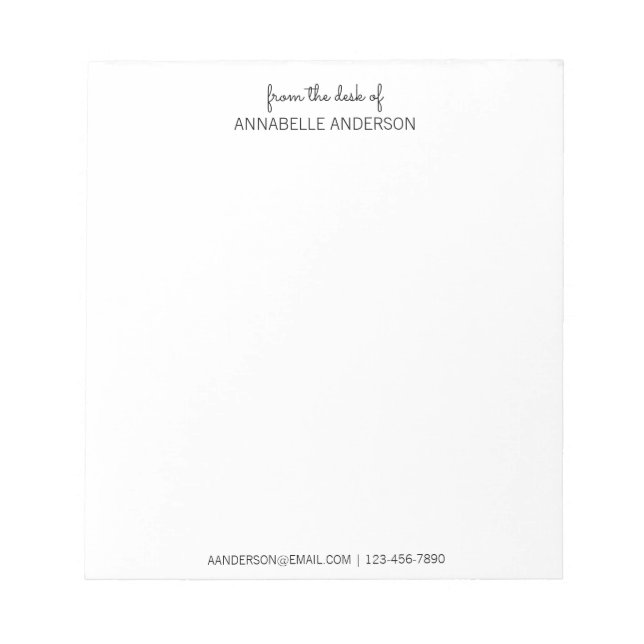 Custom Modern Black Script From The Desk of Name Notepad (Front)