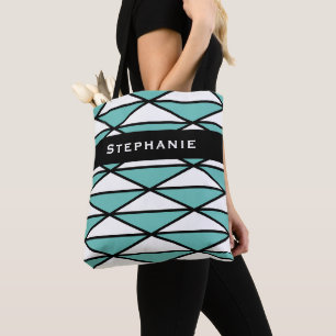 Custom Modern Black Teal Chic Geometric Pattern Tote Bag