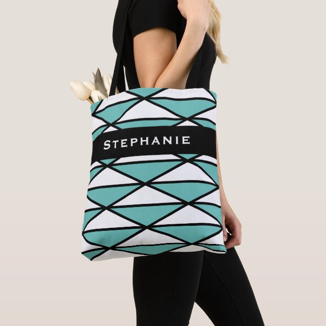 Custom Modern Black Teal Chic Geometric Pattern Tote Bag (Close Up)