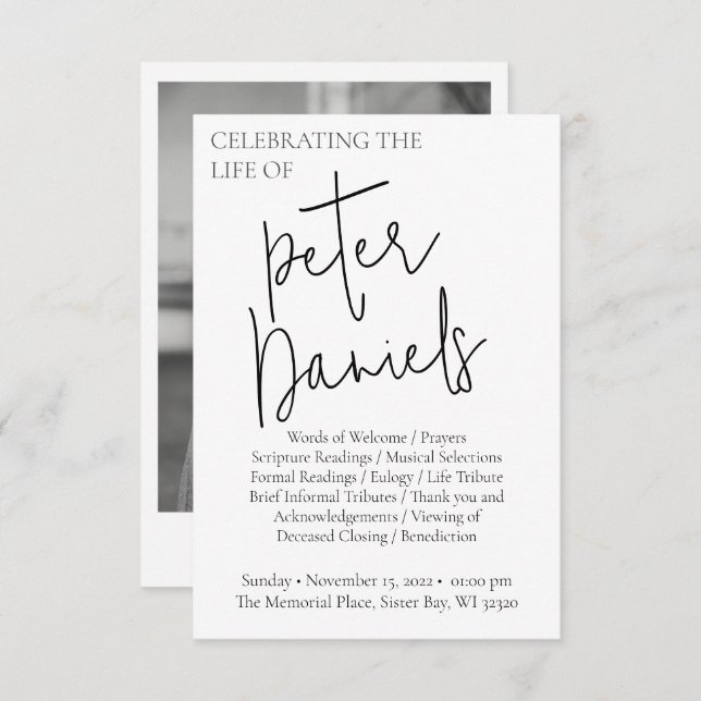 Custom Modern Black & White Script Funeral Program Invitation (Front/Back)