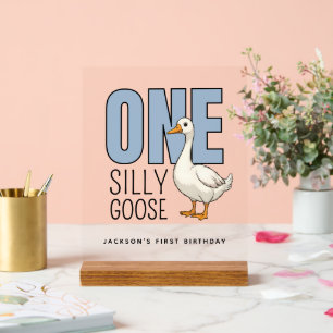 Custom Modern Blue One Silly Goose First Birthday Acrylic Sign