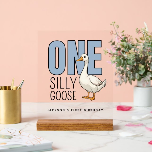 Custom Modern Blue One Silly Goose First Birthday Acrylic Sign (Wedding)